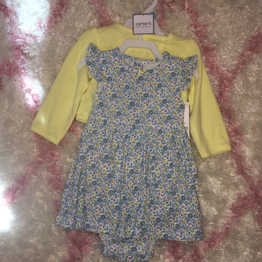 Blue floral dress and yellow sweater set